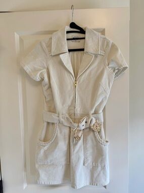 Show Me Your MuMu Cream Short-Sleeve Zip Trench Dress with Braided Details
